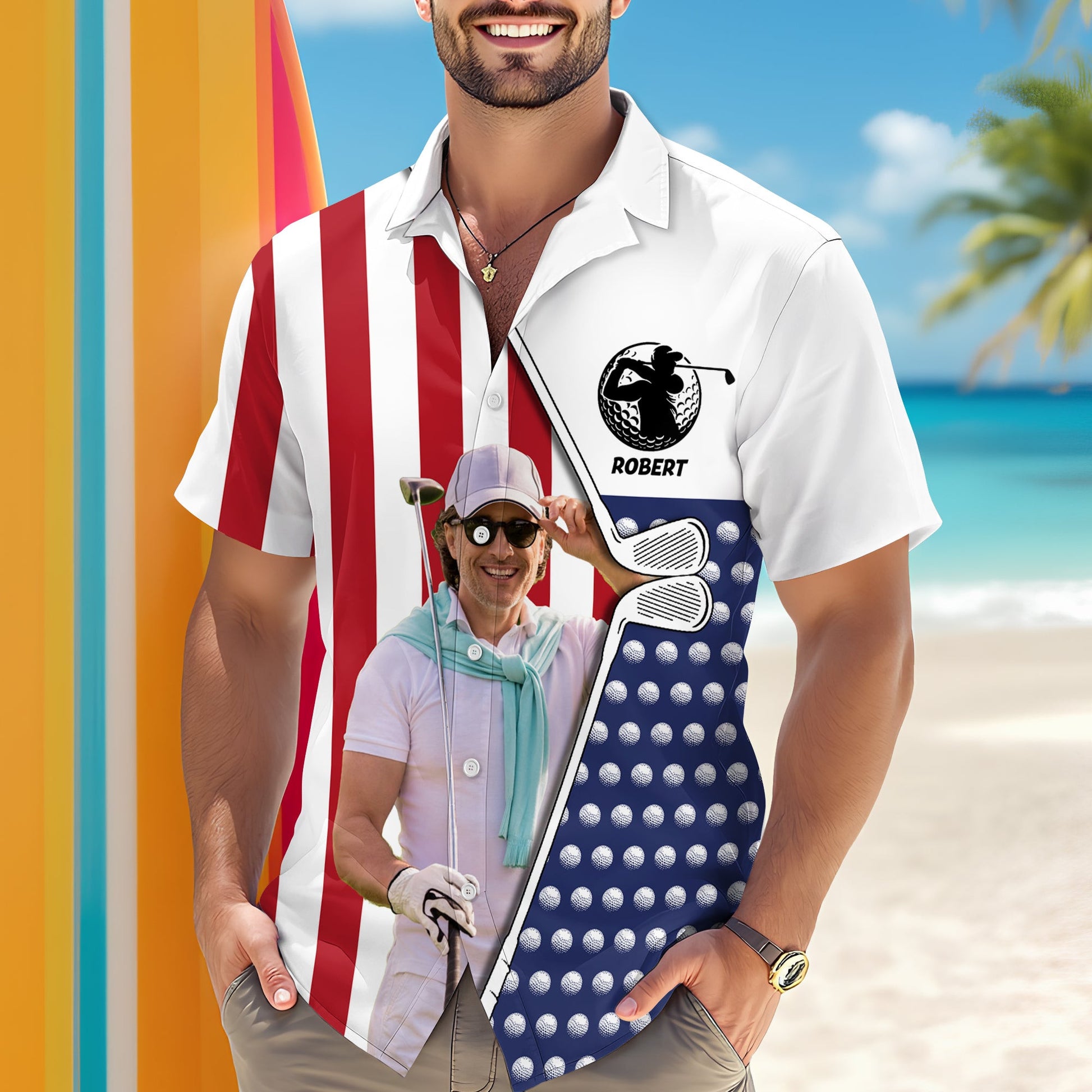 Custom Photo Golf USA Flag Pattern Hawaii Shirt America's 250th Birthday Gift For Him