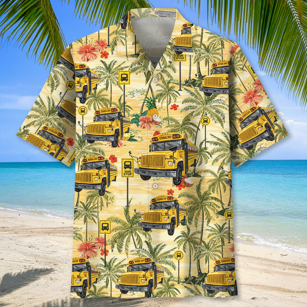 School Bus Tropical Hawaiian Shirt Holiday Outfits Beach Apparel Gifts For Bus Drivers