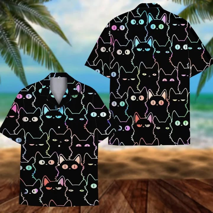 Whimsical Black Cat Hawaiian Shirt Cat Lovers Apparel Cool Gifts For Animal Lovers