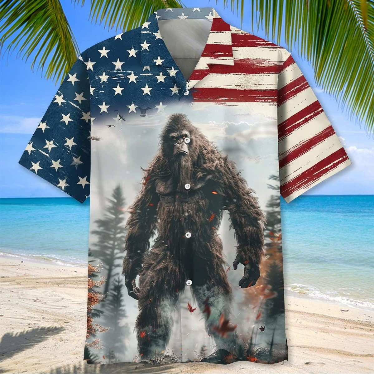 Bigfoot American Flag Hawaiian Shirt USA Flag Bigfoot Beach Merch Gifts For Bestie