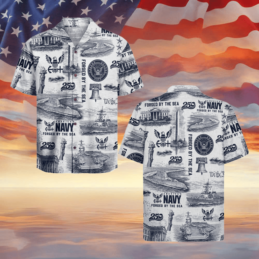 US Navy X America 250th Anniversary Hawaiian Shirt Forged By The Sea Shirt Navy Veterans Gifts