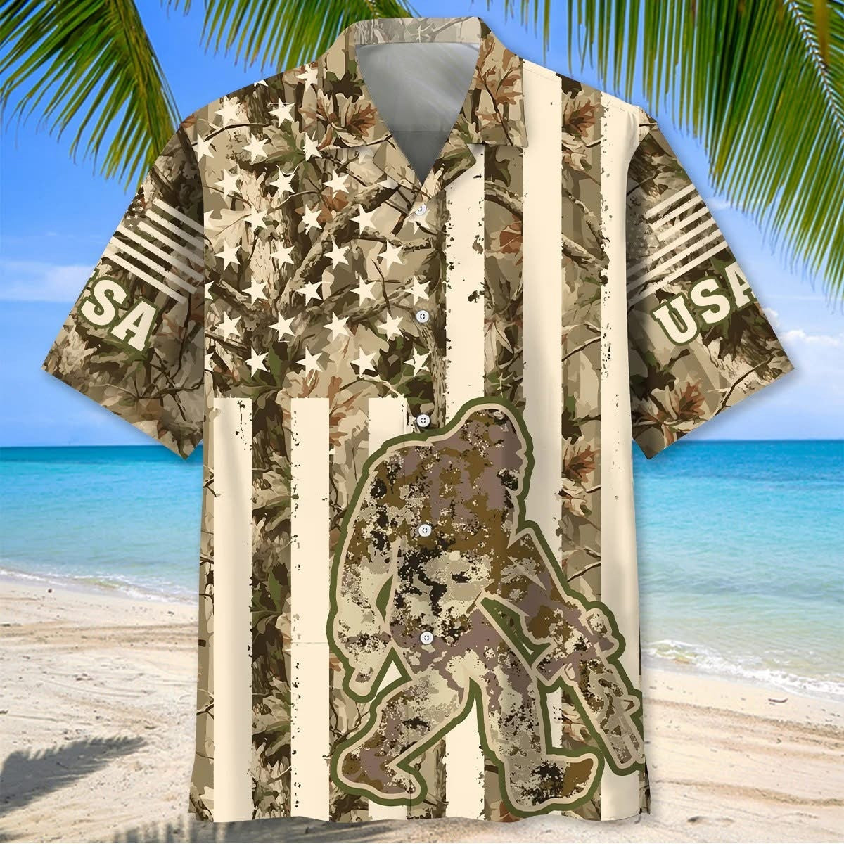 Bigfoot American Flag Camouflage Hawaiian Shirt Summer Patriotic Clothing Gift Ideas
