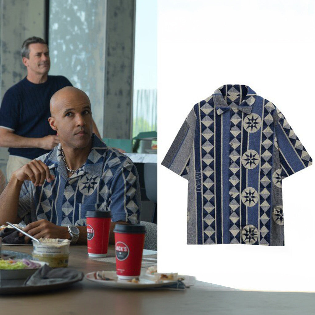 Nick Brandes Mark Tallman on Your Friends and Neighbors LOEWE Patterned Hawaiian Shirt