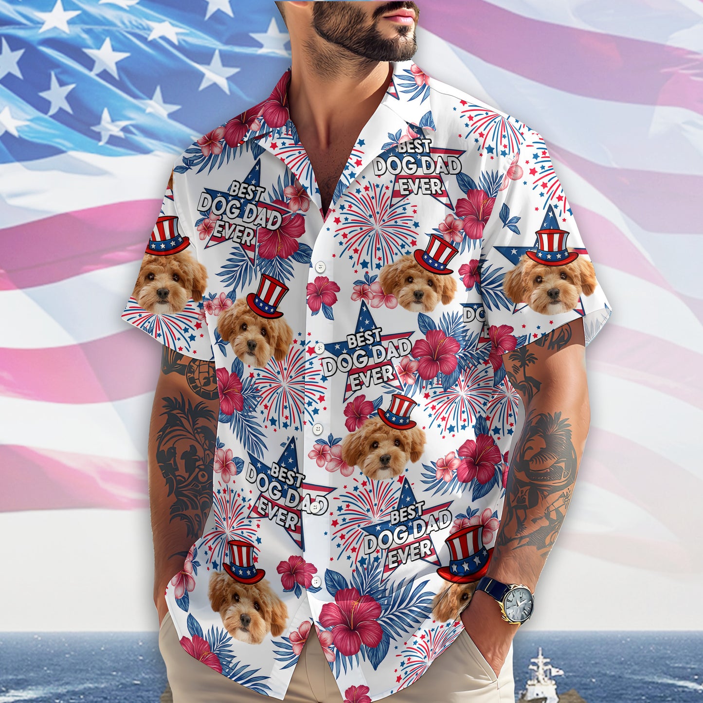 Personalized Dog Photo Hawaiian Shirt Best Dog Dad Ever Shirt Fourth Of July Presents