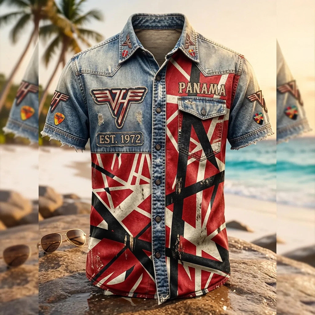 Eddie Van Halen Panama Frankenstrat Stripe Hawaiian Shirt Van Halen Merch Present For Fans