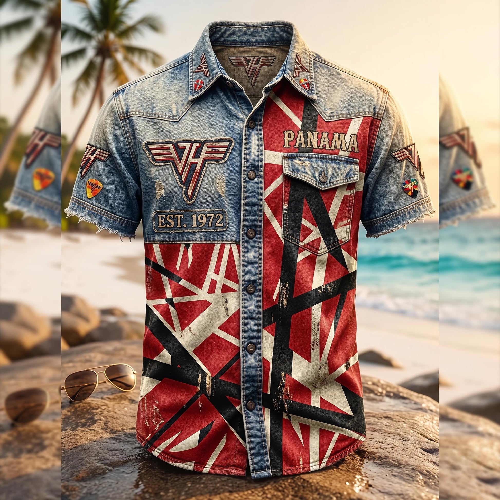 Van Halen Panama Hawaiian Shirt Frankenstein Guitar Aloha Shirt Van Halen Merch Fan Gifts