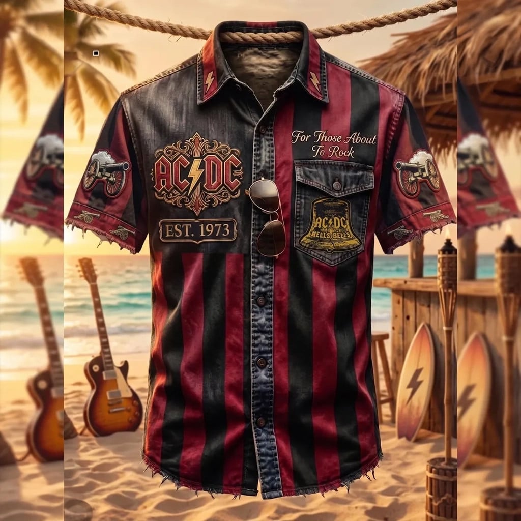 AC DC Hells Bells For Those About To Rock Striped Hawaiian Shirt AC DC Merch Gift For Fans