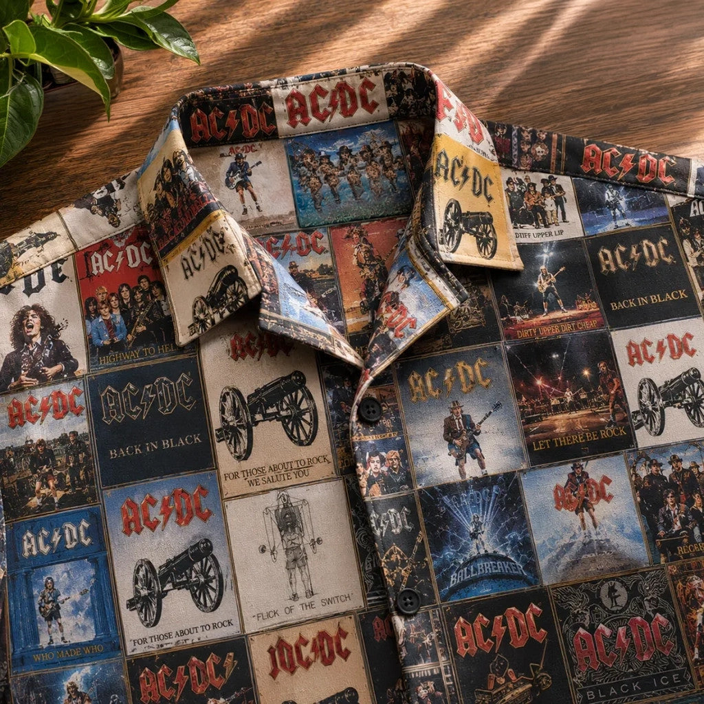 AC DC Album Cover Collage Rock Band Hawaiian Shirt AC DC Merch Unique Father's Day Gifts