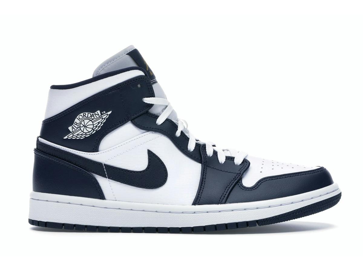 Air Jordan 1 Mid White Metallic Gold Obsidian Sneakers 554724-174 - savito