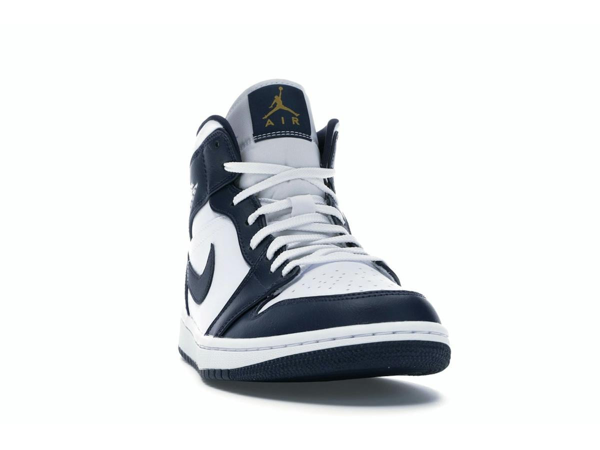 Air Jordan 1 Mid White Metallic Gold Obsidian Sneakers 554724-174 - savito