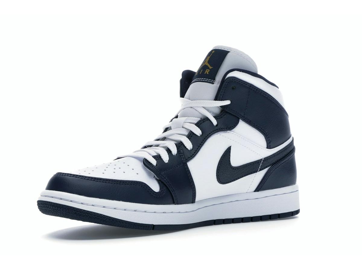 Air Jordan 1 Mid White Metallic Gold Obsidian Sneakers 554724-174 - savito