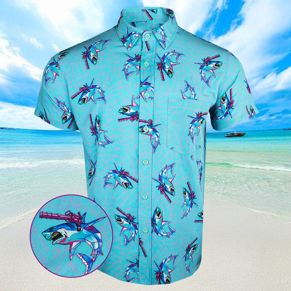 Synth Shark Blue Hawaiian Shirt Summer Button Up Shirts For Men Gifts For Dad