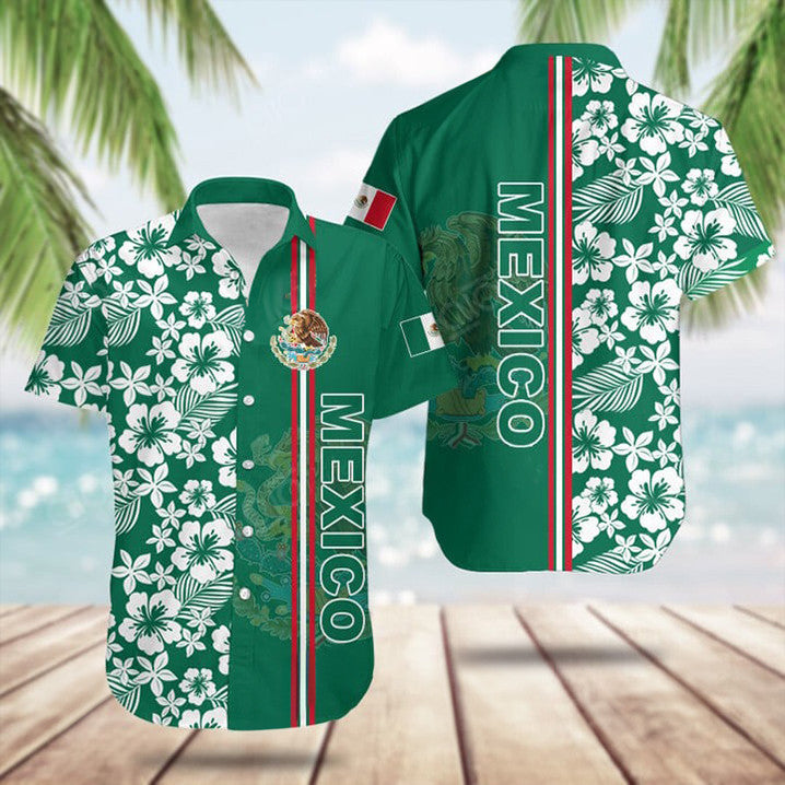 Mexico Coat Of Arms Hibiscus Pattern Hawaiian Shirt Cool Summer Shirts Best Gift For Mexican