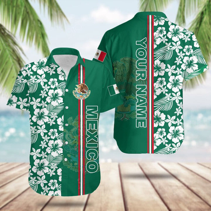 Custom Mexico Coat Of Arms Hibiscus Pattern Hawaiian Shirt Beach Button Up Gifts For Mexican