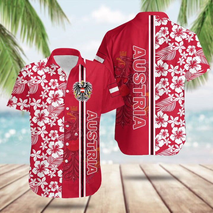 Austria Coat Of Arms Hibiscus Pattern Hawaiian Shirt Cool Summer Shirts Austrian Gift Ideas