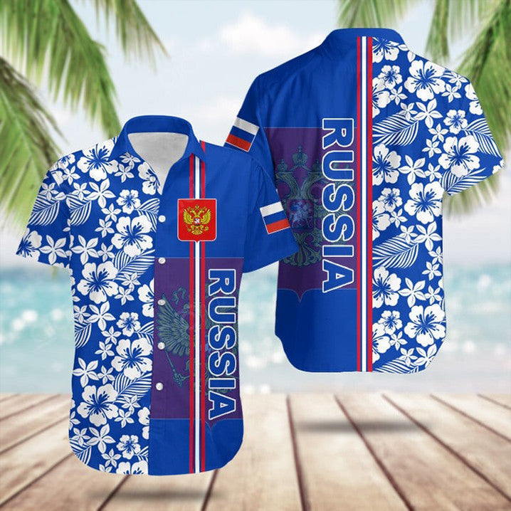 Russia Coat Of Arms Hibiscus Pattern Hawaiian Shirt Summer Button Up Gifts For Russian