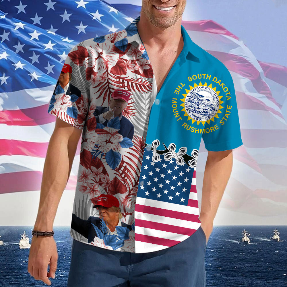 South Dakota For Trump 2024 Hawaiian Shirt MAGA Merch Pro Trump Aloha Shirt Gifts For Husband