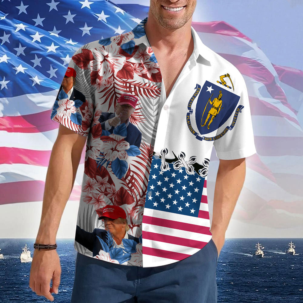 Massachusetts For Trump 2024 Hawaiian Shirt Vote Trump For President Aloha Shirt Gifts