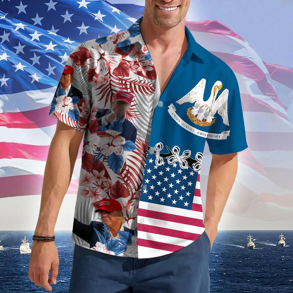Louisiana For Trump 2024 Hawaiian Shirt MAGA Trump For President Mens Summer Button Up Shirts