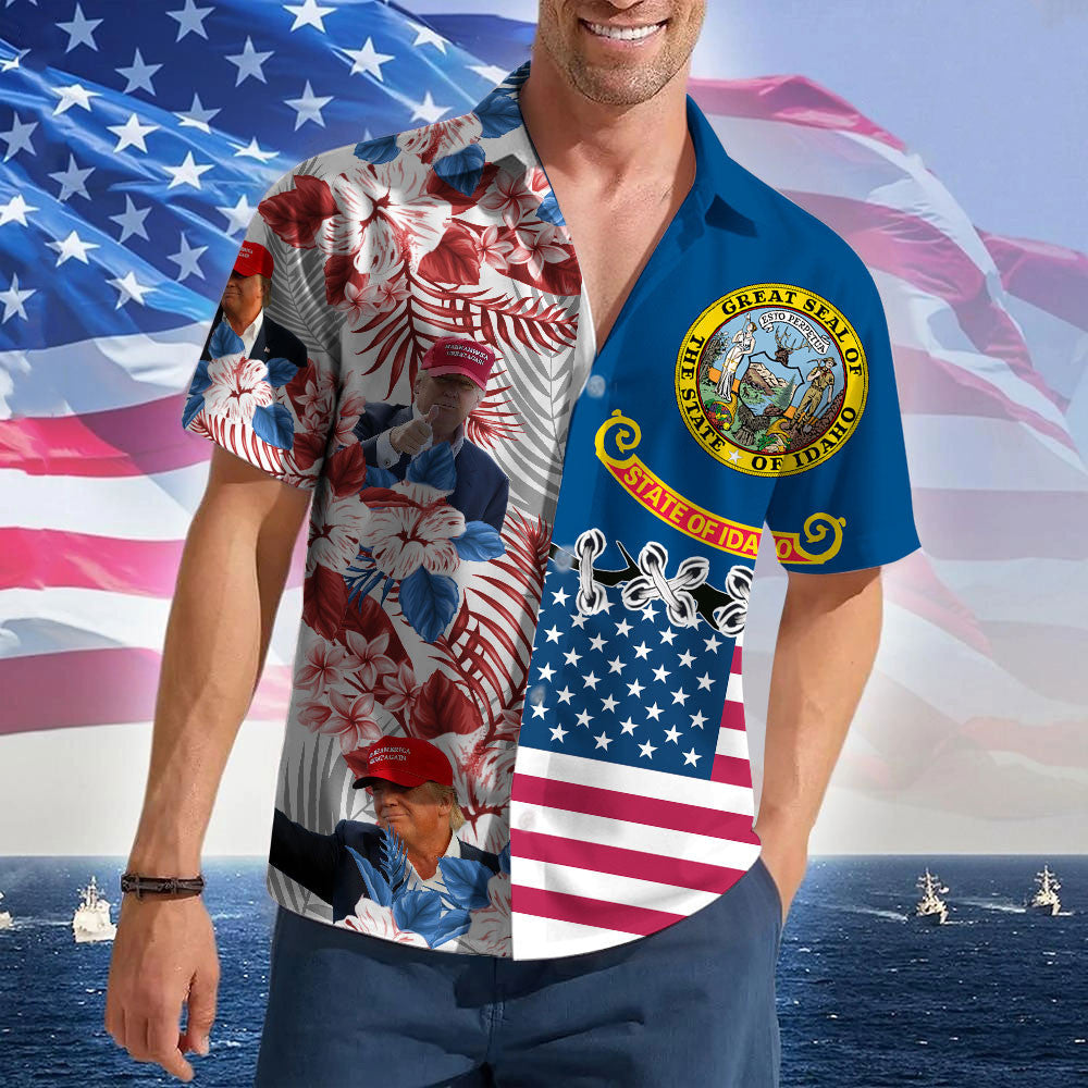 Idaho For Trump 2024 Hawaiian Shirt MAGA Donald Trump Hawaiian Button Up Shirt Summer Gifts