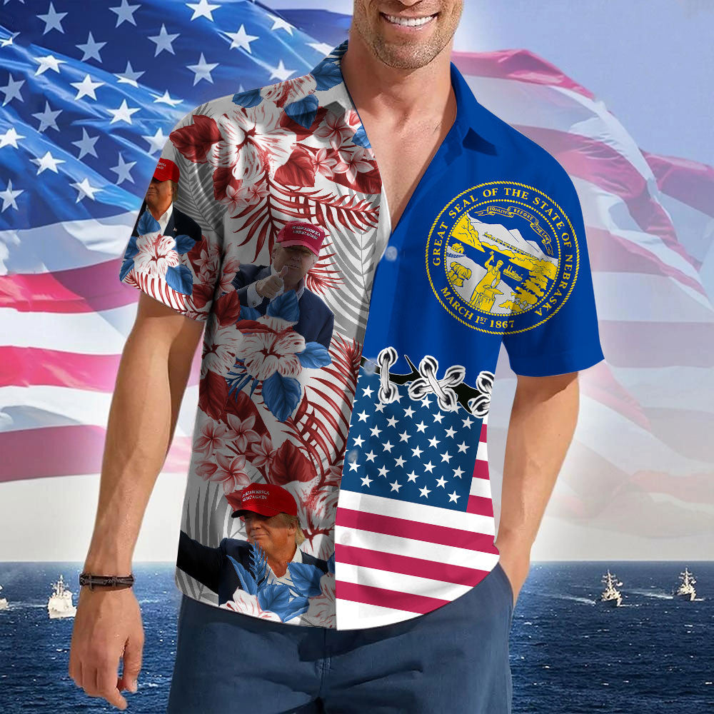 Nebraska For Trump 2024 Hawaiian Shirt Vote Trump For President Summer Button Up Shirts Mens