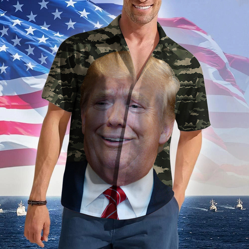 Custom Face Trump Camo Hawaiian Shirt Military For Trump 2024 Patriotic Button Up Shirt MAGA Merch