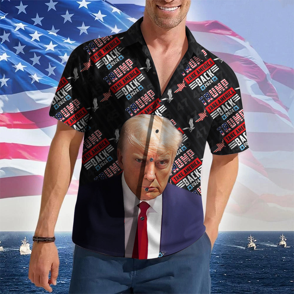 Trump Take America Back 2024 Hawaiian Shirt Donald Trump Mugshot Button Up Shirt For Mens
