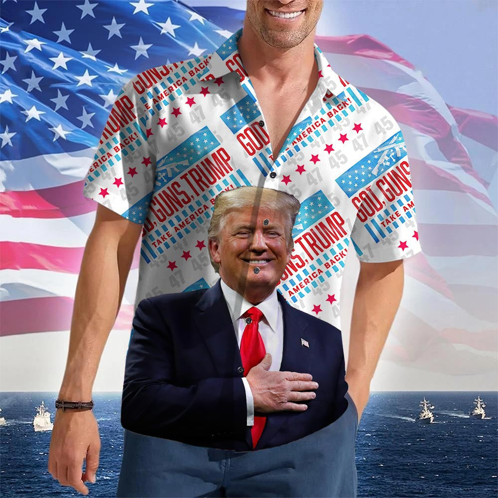 God Guns Trump Take America Back Hawaiian Shirt Trump 2024 Merch Republican Button Up Shirt