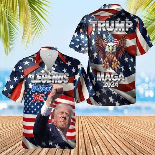 US Eagle Trump MAGA 2025 Hawaiian Shirt Legends Never Die Donald Trump Fight Shirt