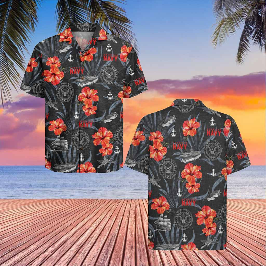 US Navy Hawaiian Shirt Hibiscus Aloha Shirt  Present Ideas For Veterans Day_