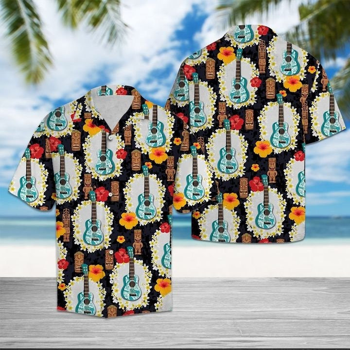 Ukulele Tiki Pattern Hawaiian Shirt Summer Button Up Aloha Shirt Gifts For Ukulele Lovers