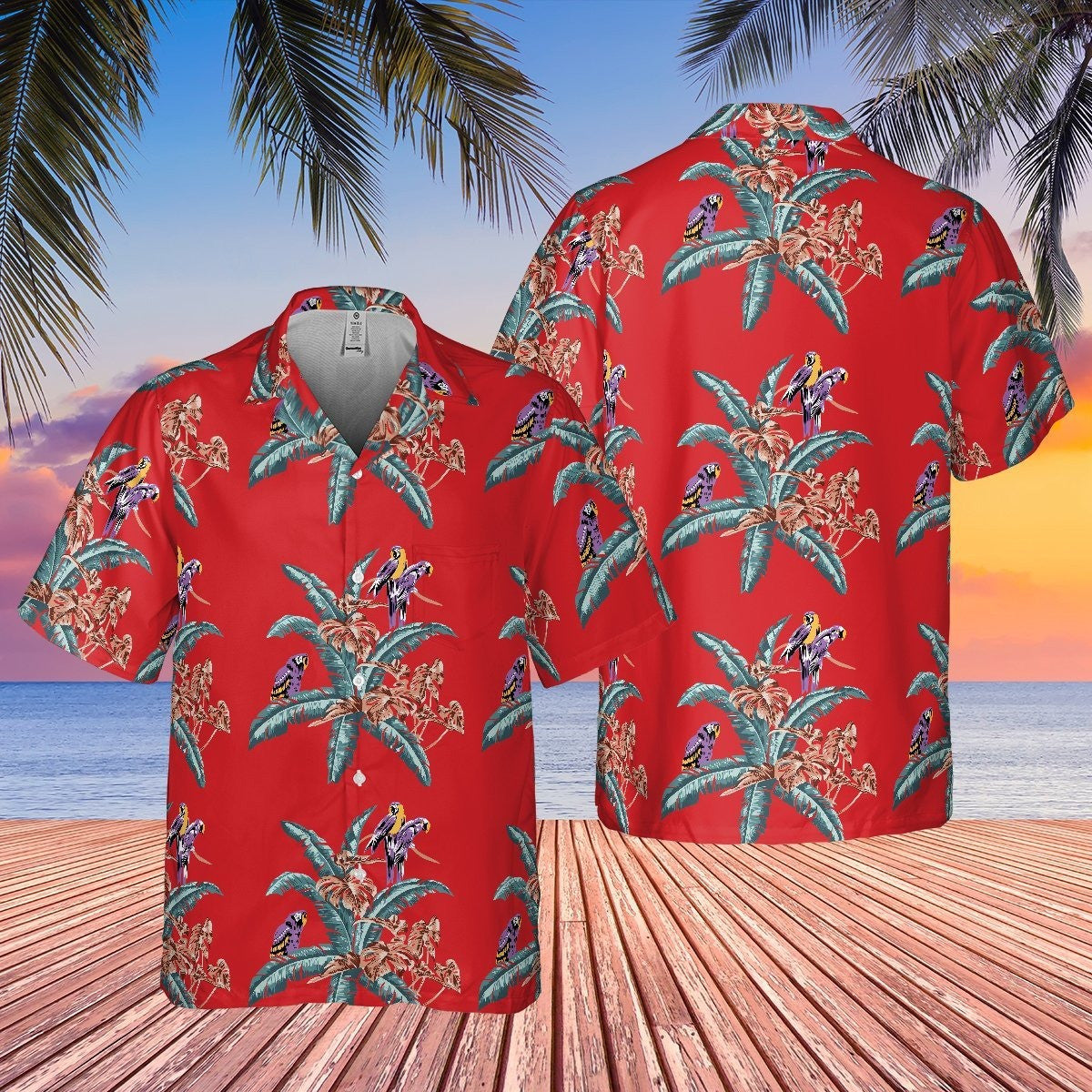Thomas Magnum Tom Selleck Magnum PI Hawaiian Shirt Red Jungle Bird Aloha Shirt Wearing