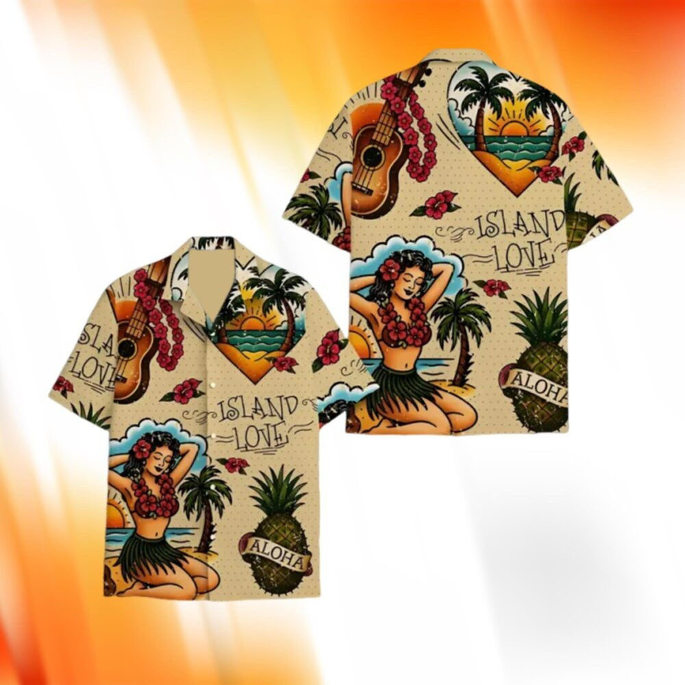 Island Love Hawaiian Shirt Hula Girl Ukulele Pineapple Clothing Gift For Summer