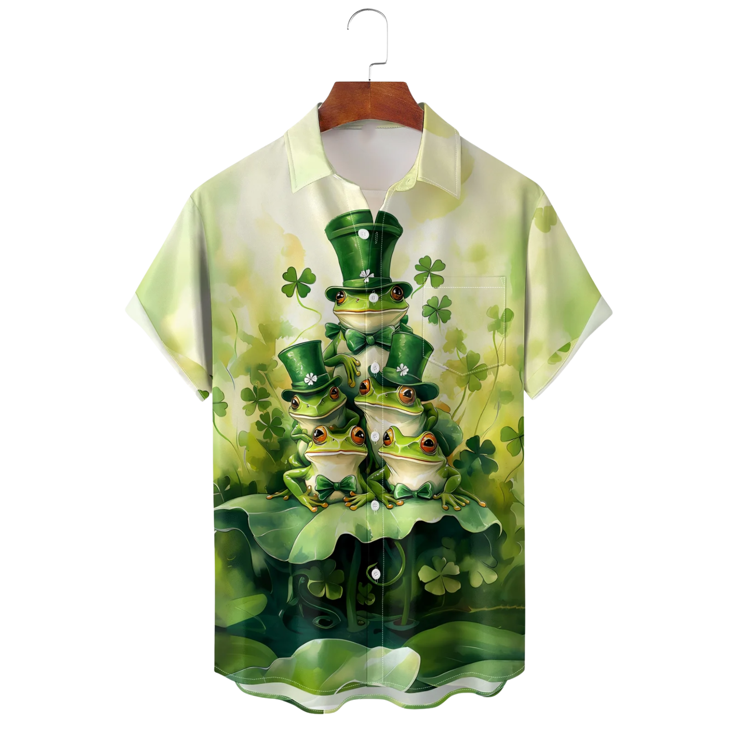 St Patrick's Day Frog Family Hawaiian Shirt Four Leaf Clover Green Button Up Shirt For Sale