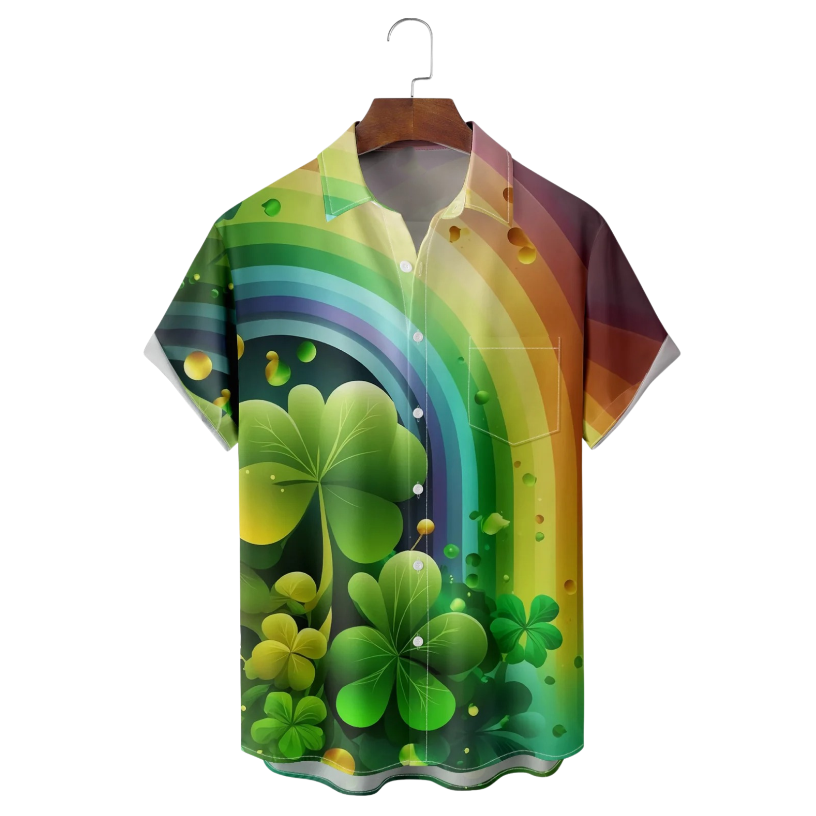 St Patrick's Day Rainbow Fantasy Hawaiian Shirt Lucky Four Leaf Clover Aloha Shirt For Sale