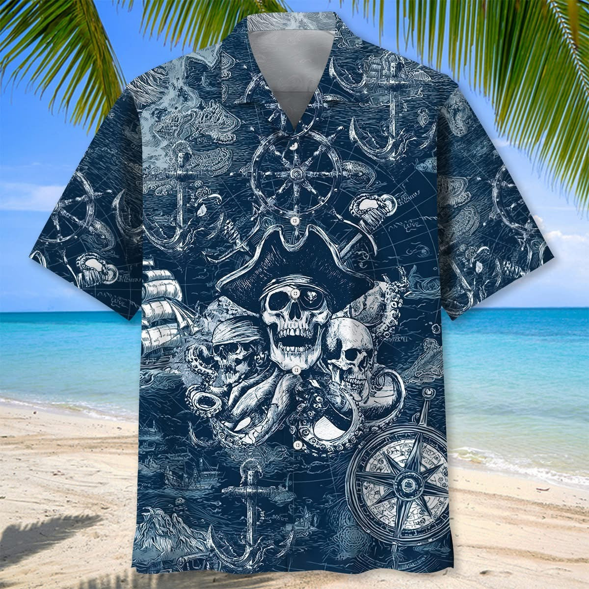 Pirate Map Vintage Blue Hawaiian Shirt Nautical Skull Aloha Shirt Gifts For Men