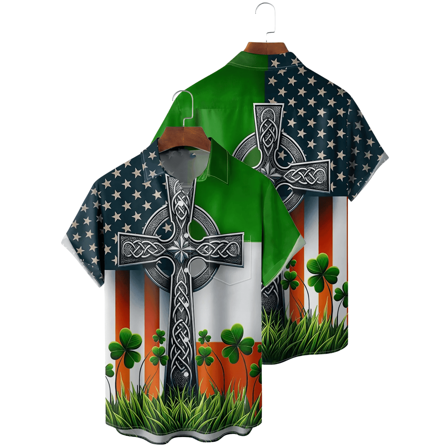 St Patrick's Day Irish Flag Hawaiian Shirt Holy Cross Button Up Shirt St Pattys Day Gifts