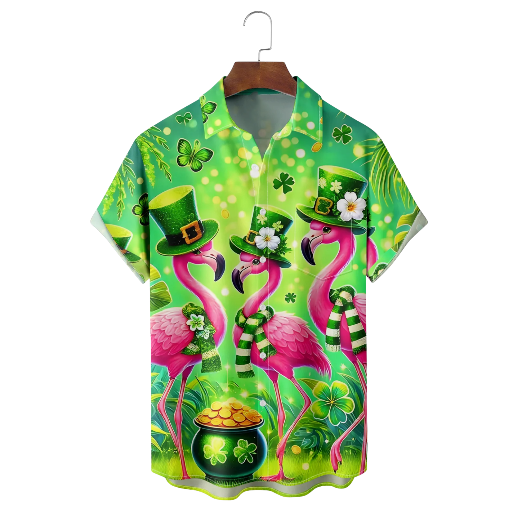 St. Patrick's Day Flamingo Hawaiian Shirt Funny Flamingo Four Leaf Clover Button Up Shirt Gifts