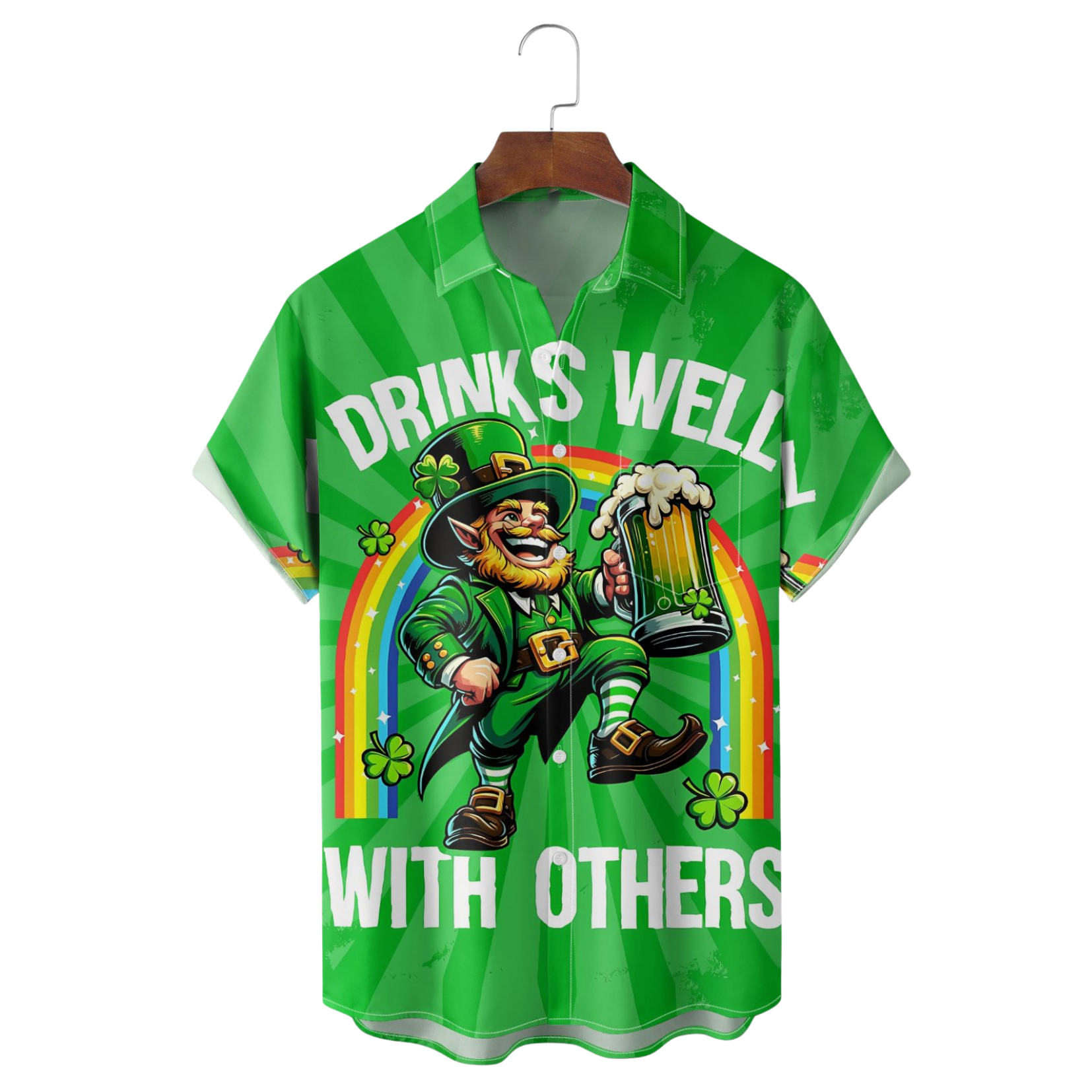 St Patrick's Day Leprechaun Hawaiian Shirt Drinks Well With Others Button Up Shirt For Sale