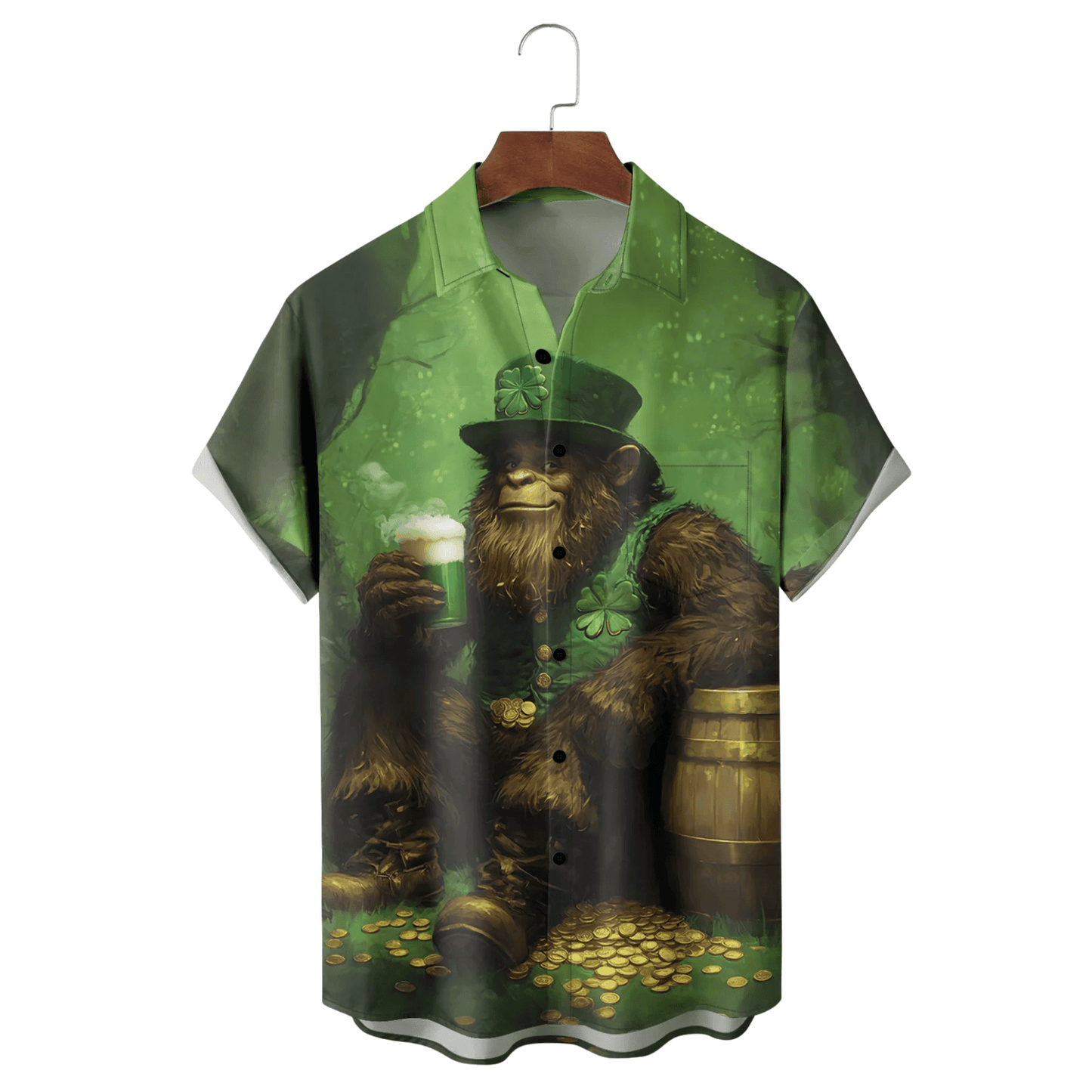 St Patrick's Day Bigfoot Four Leaf Beer Hawaiian Shirt Irish Holiday Apparel Bigfoot Lover Gift