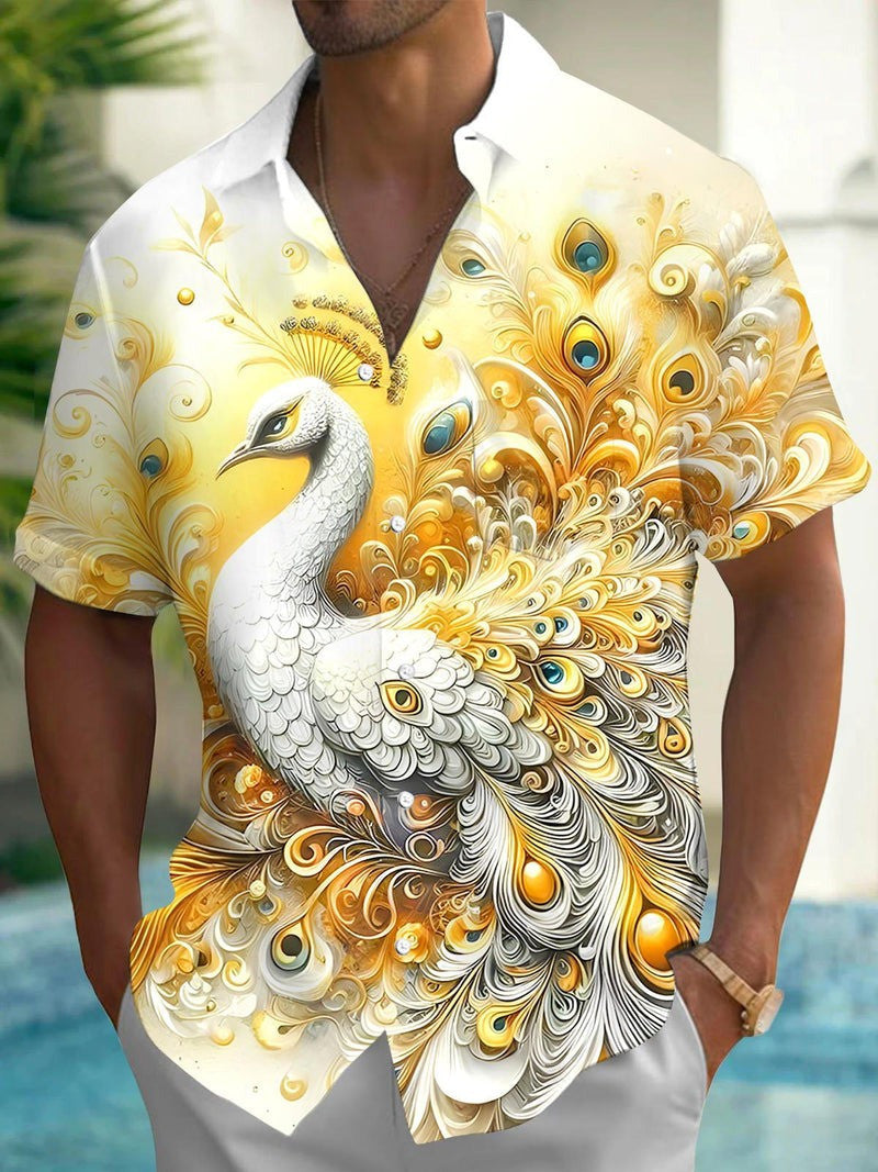 Peacock Feather Hawaiian Shirt Men's White Gold Peacock Button Up Shirt Gifts For Him