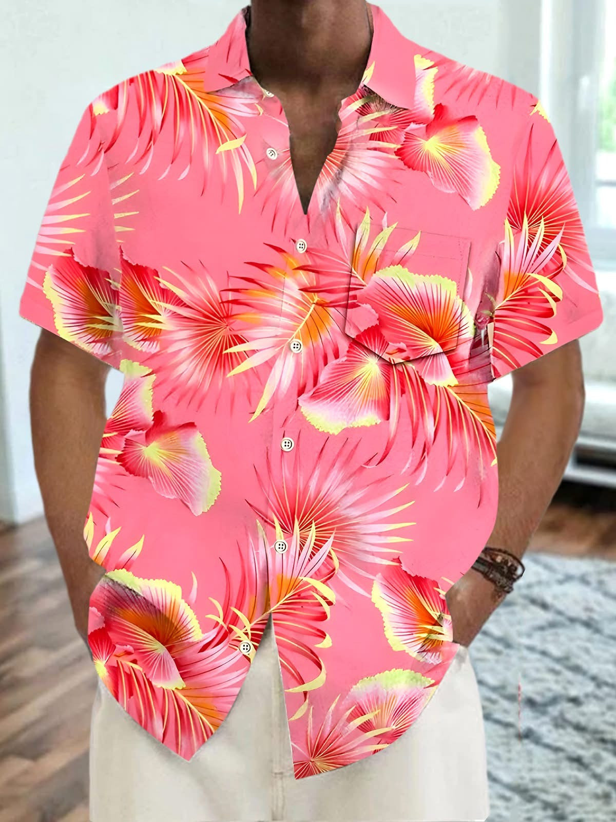 Tropical Floral Hawaiian Shirt Pink Summer Beach Party Shirt Gifts For Men