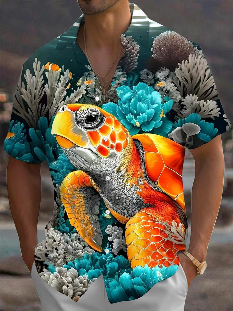 Sea Turtle In Coral Hawaiian Shirt Men's Summer Beach Button Up Shirt Gift For Sea Turtle Lover