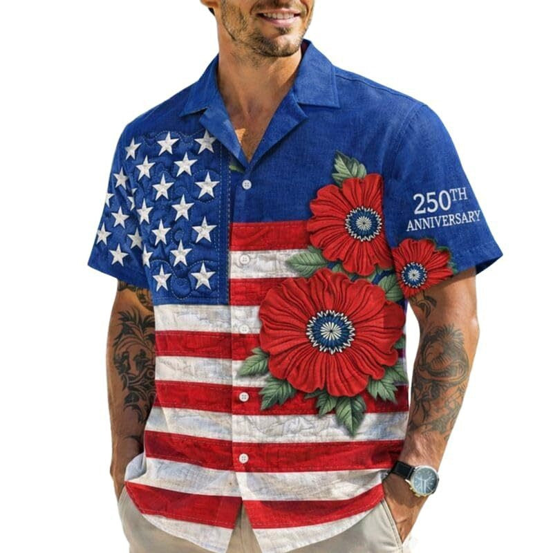 America 250 Years Anniversary Hawaiian Shirt Men's Red Poppy Patriotic Clothes 4th Of July