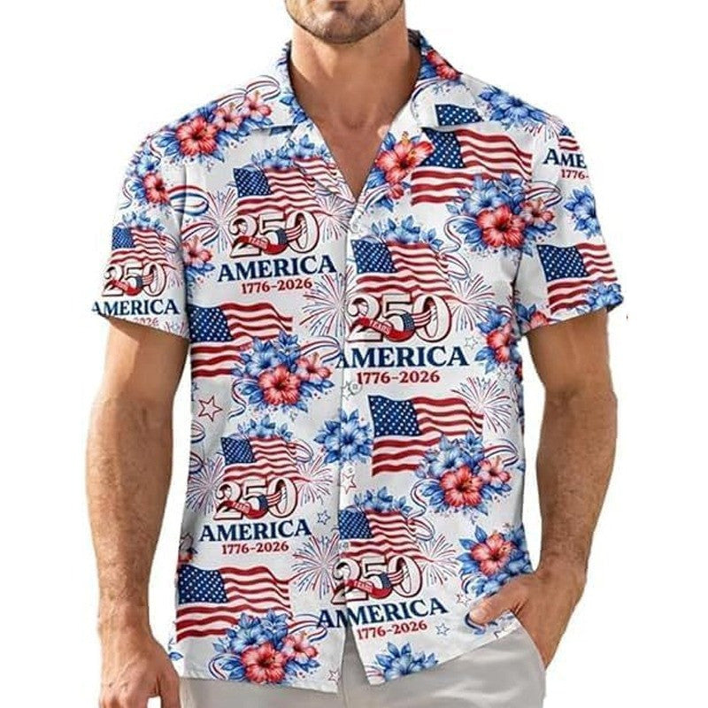 America 250 Years Anniversary Hawaiian Shirt Mens Floral Patriotic Clothes 4th Of July Outfits