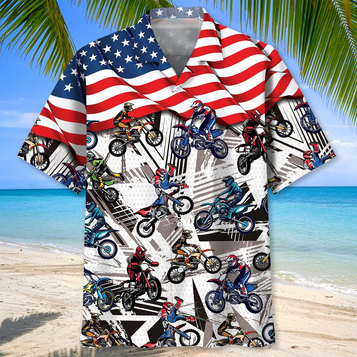 Dirt Bike Racing Hawaiian Shirt USA Flag Patriotic Clothing Independence Day Gifts