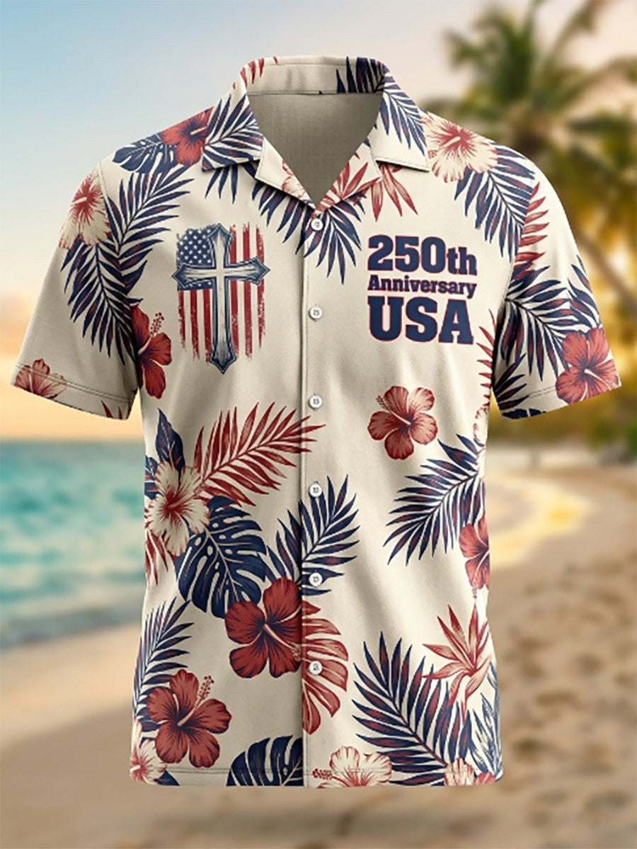 USA 250th Anniversary Hawaiian Shirt Holy Cross Tropical Themed Clothing Independence Day Gifts