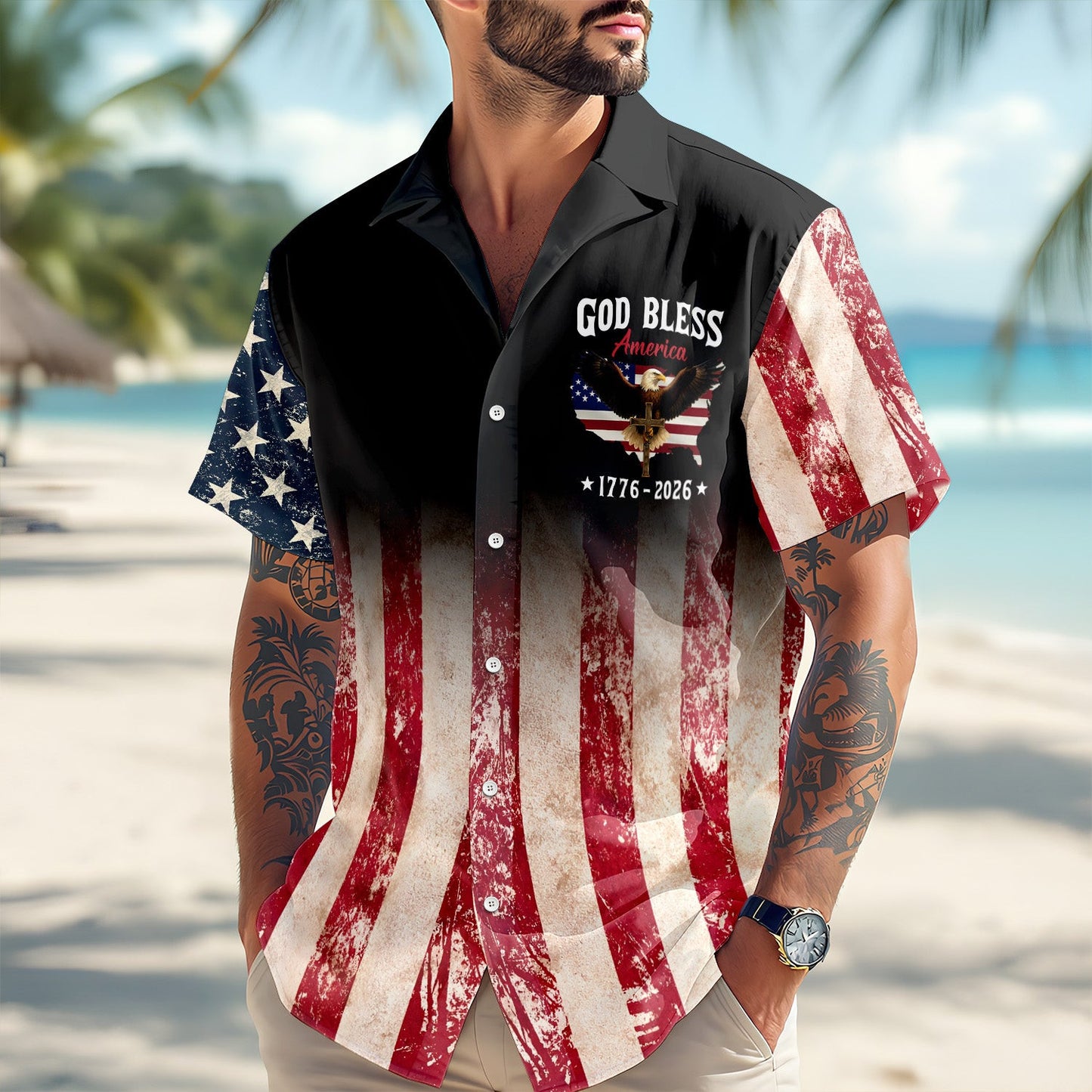 Eagle God Bless America 1776 2026 Hawaiian Shirt US Flag Apparel Independence Day Gift